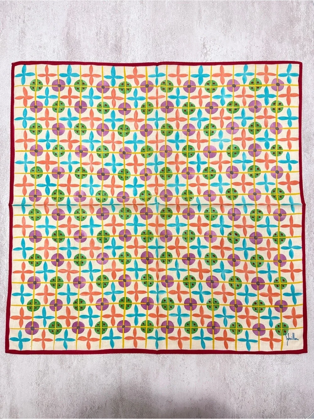 Sybilla vintage handkerchief Multicolor Geometric Cotton Scarf - Cream Base